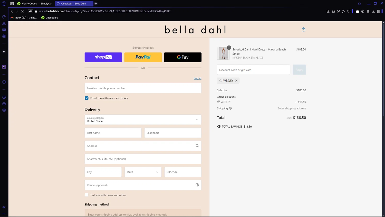 Bella Dahl coupon code screenshot showing code WESLEY applied at Bella Dahl checkout page. Uploaded by SimplyCodes community member VictoriousCaptain3902 on Feb 17, 2025