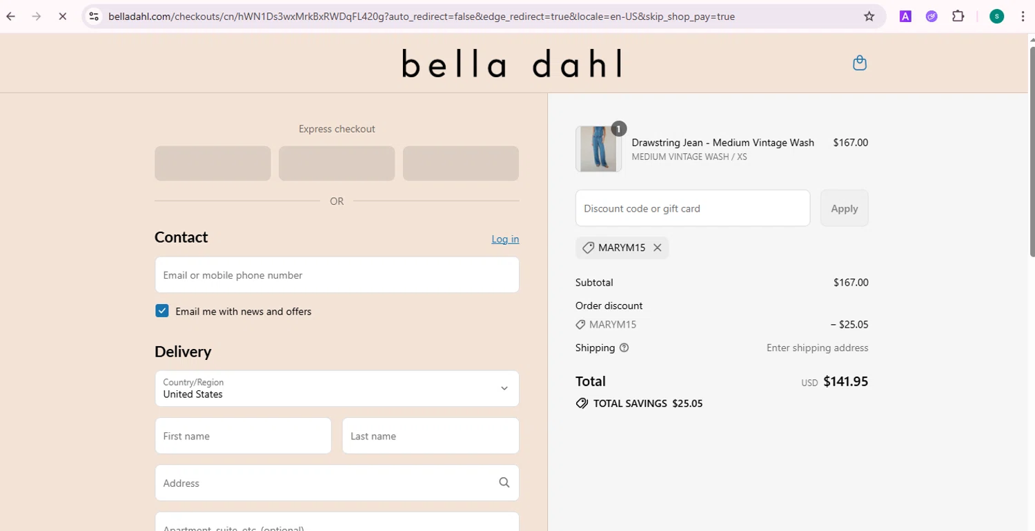 Bella Dahl coupon code screenshot showing code MARYM15 applied at Bella Dahl checkout page. Uploaded by SimplyCodes community member Kuromi on Jul 30, 2025