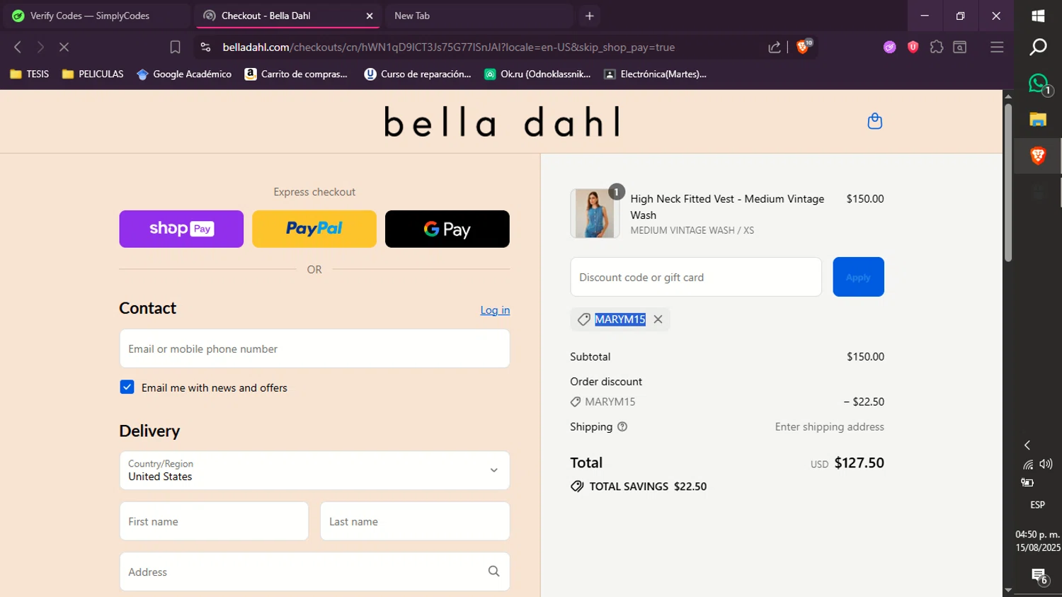 Bella Dahl coupon code screenshot showing code MARYM15 applied at Bella Dahl checkout page. Uploaded by SimplyCodes community member xXdevoragoticas69Xx on Aug 15, 2025