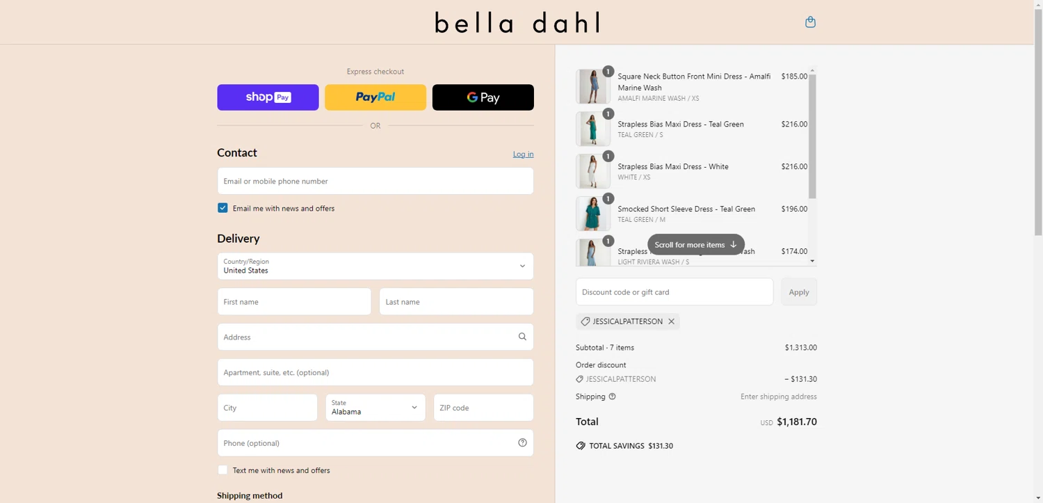 Bella Dahl coupon code screenshot showing code JESSICALPATTERSON applied at Bella Dahl checkout page. Uploaded by SimplyCodes community member DealHunter6996 on Jun 14, 2025