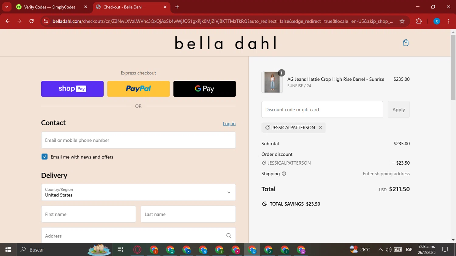 Bella Dahl coupon code screenshot showing code JESSICALPATTERSON applied at Bella Dahl checkout page. Uploaded by SimplyCodes community member ValueHawk9995 on Feb 26, 2025