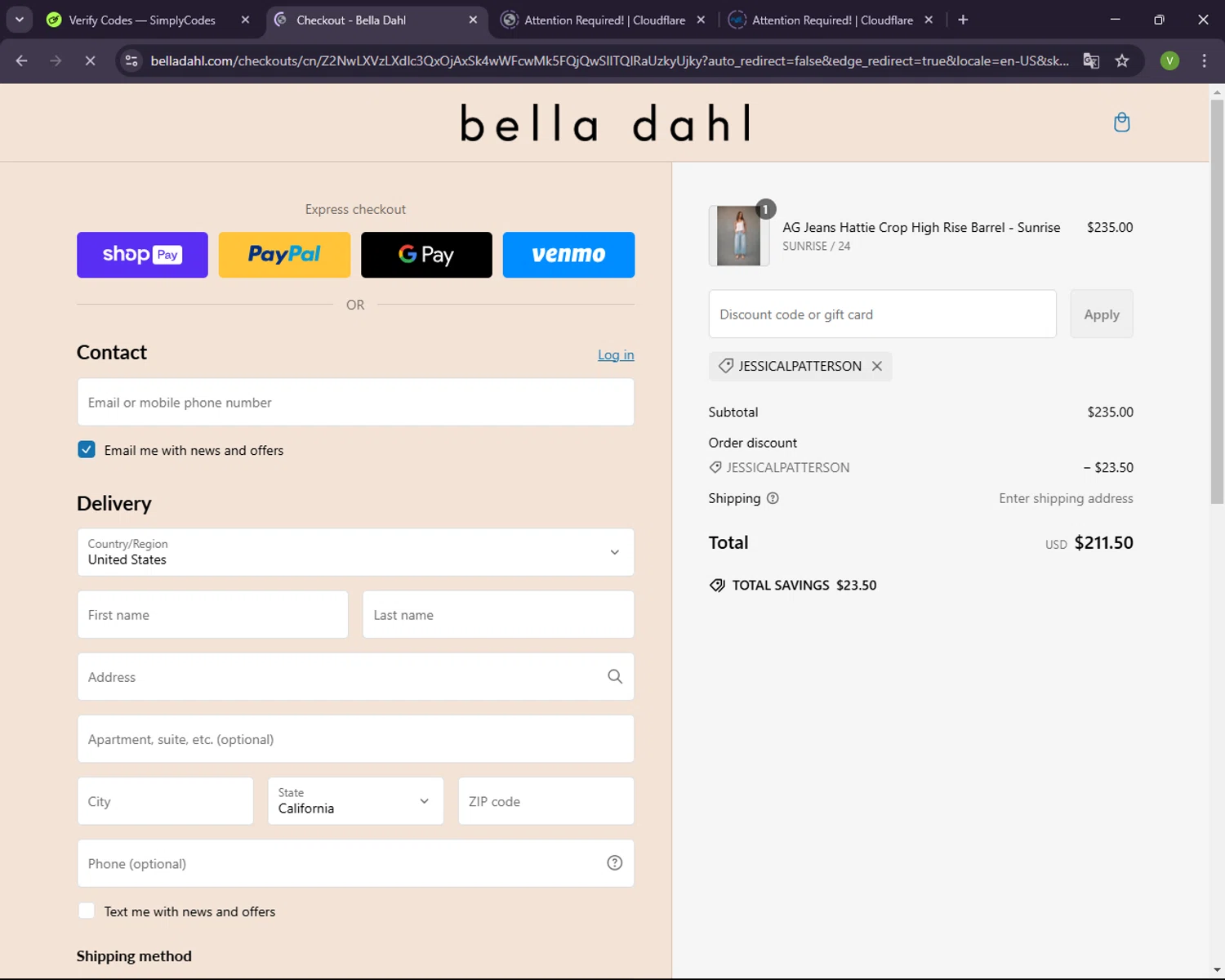 Bella Dahl coupon code screenshot showing code JESSICALPATTERSON applied at Bella Dahl checkout page. Uploaded by SimplyCodes community member CleverNavigator1236 on Feb 26, 2025