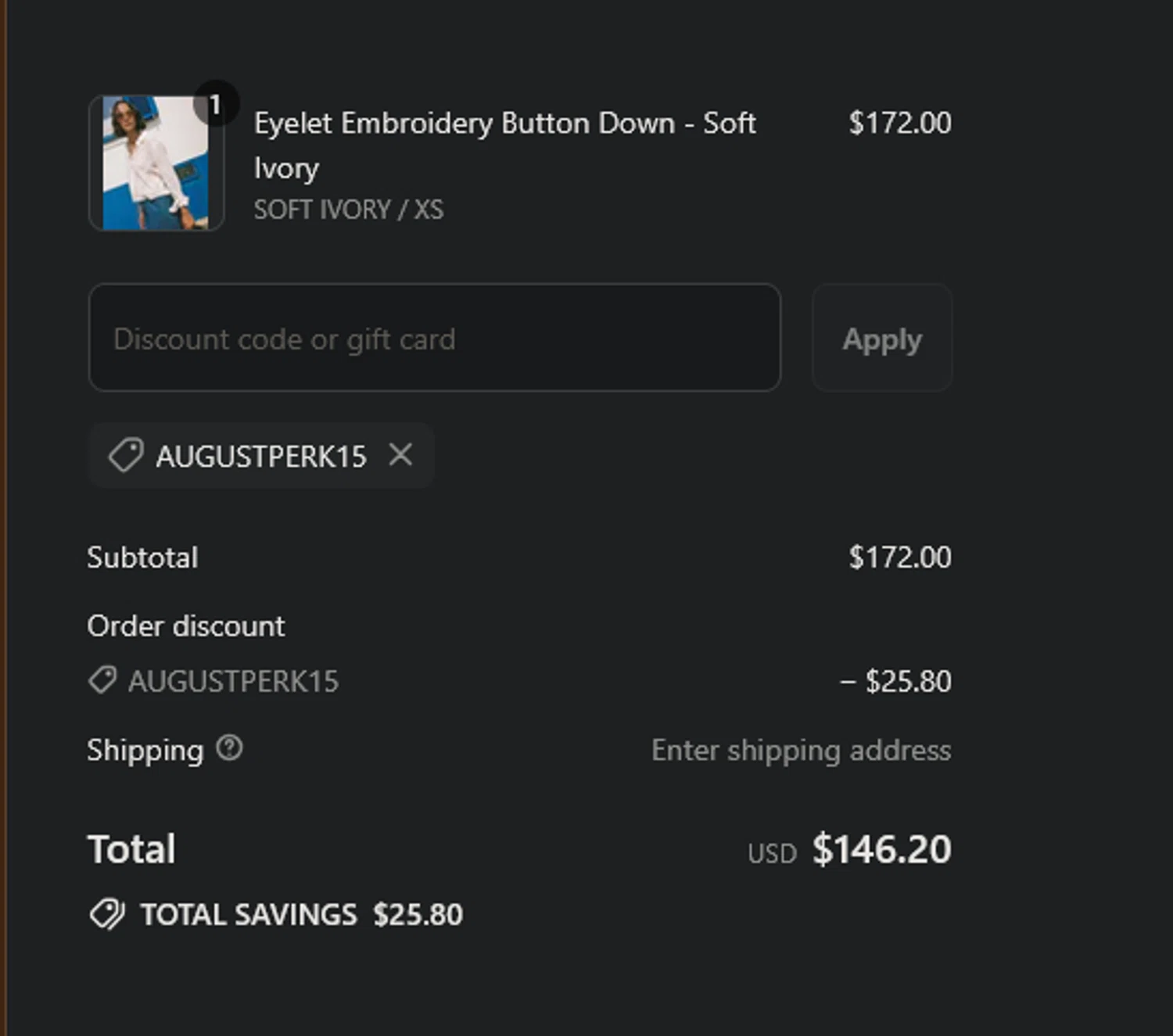 Bella Dahl coupon code screenshot showing code AUGUSTPERK15 applied at Bella Dahl checkout page. Uploaded by SimplyCodes community member xocelot44x on Aug 16, 2025