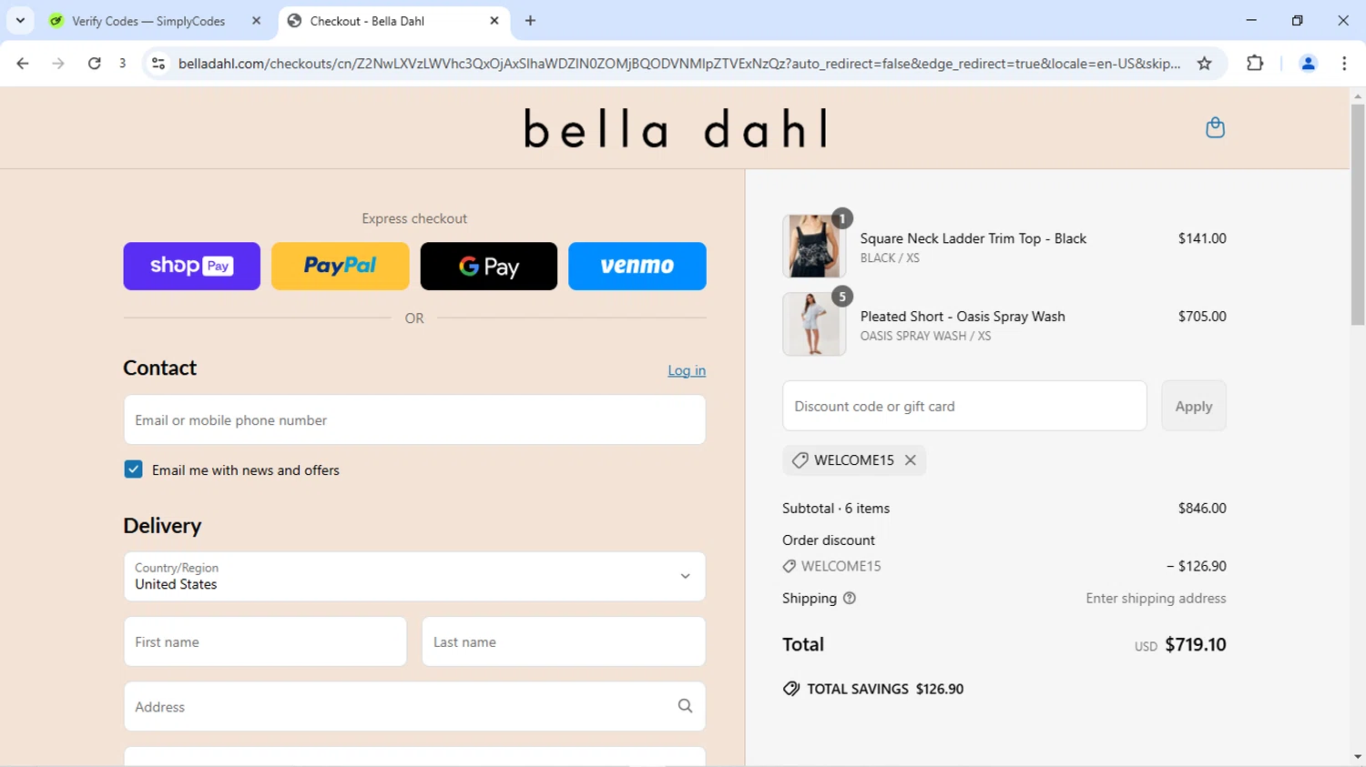Bella Dahl coupon code screenshot showing code WELCOME15 applied at Bella Dahl checkout page. Uploaded by SimplyCodes community member Josenava on Jun 17, 2025