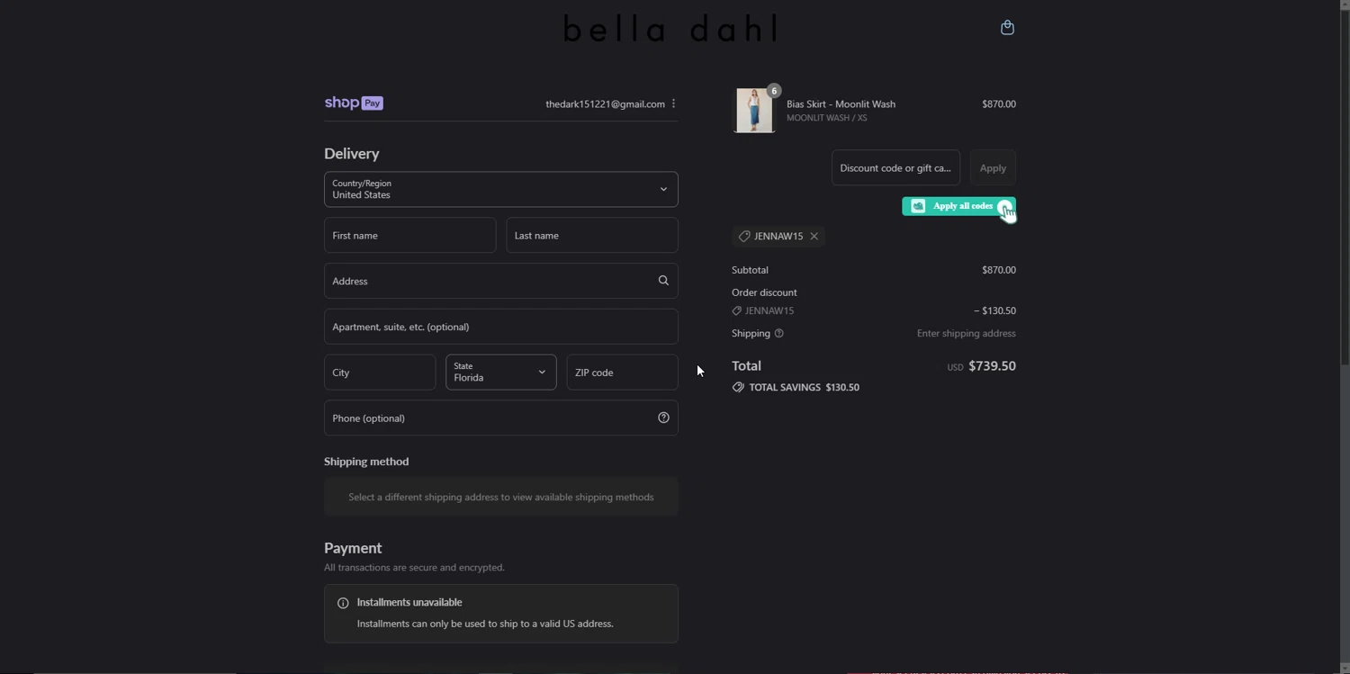 Bella Dahl coupon code screenshot showing code JENNAW15 applied at Bella Dahl checkout page. Uploaded by SimplyCodes community member lisethchirino on Jul 22, 2025