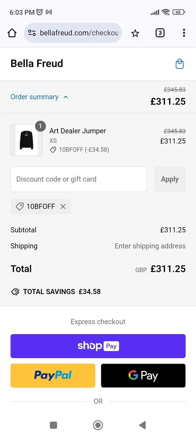 Bella Freud discount code screenshot showing code 10BFOFF applied at Bella Freud checkout page. Uploaded by SimplyCodes community member Richard251 on Jan 27, 2025