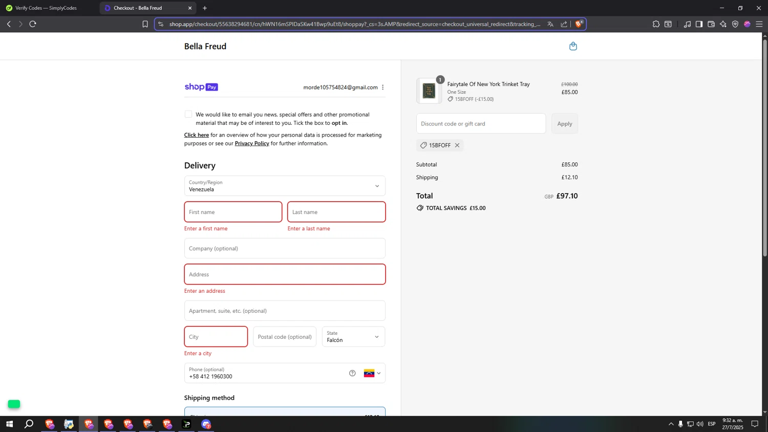 Bella Freud discount code screenshot showing code 15BFOFF applied at Bella Freud checkout page. Uploaded by SimplyCodes community member CoheteFast on Jul 27, 2025