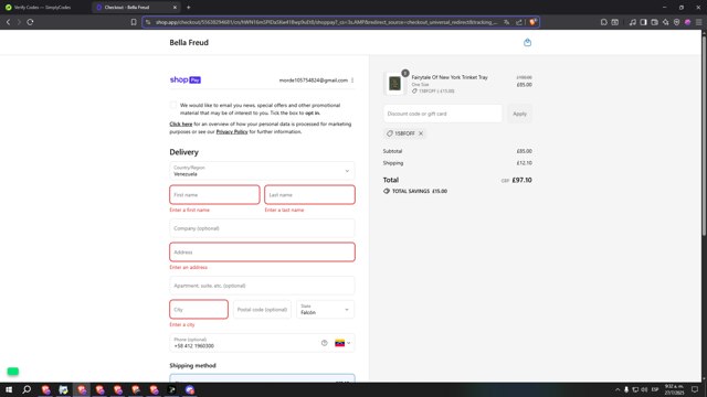 Bella Freud checkout page showing Bella Freud discount code box | Screenshot taken by SimplyCodes community member on Jul 27, 2025