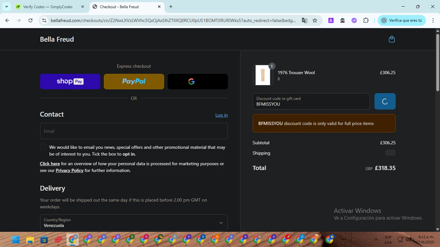 Bella Freud discount code screenshot showing code BFMISSYOU applied at Bella Freud checkout page. Uploaded by SimplyCodes community member ScanMaven5756 on Jun 17, 2025