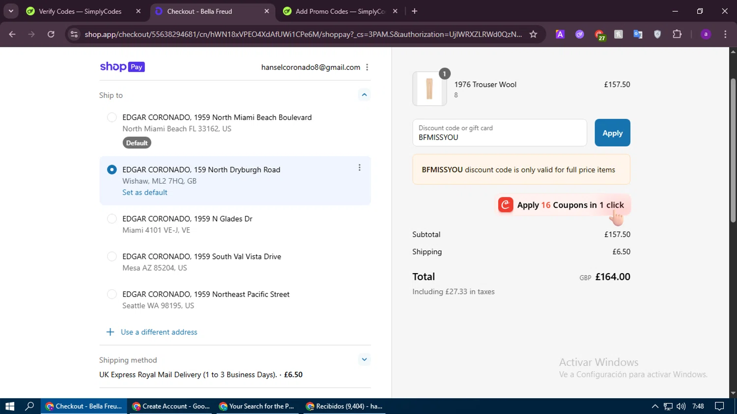 Bella Freud discount code screenshot showing code BFMISSYOU applied at Bella Freud checkout page. Uploaded by SimplyCodes community member thethru on Jul 28, 2025