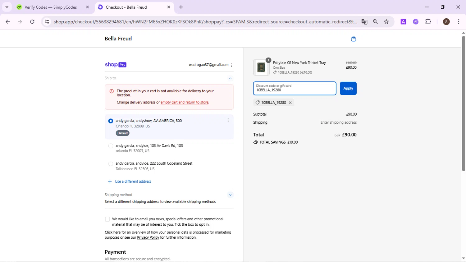 Bella Freud discount code screenshot showing code 10BELLA_19280 applied at Bella Freud checkout page. Uploaded by SimplyCodes community member QuestPhoenix2794 on Aug 26, 2025