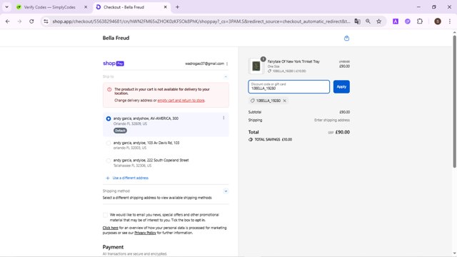Bella Freud checkout page showing Bella Freud discount code box | Screenshot taken by SimplyCodes community member on Aug 26, 2025