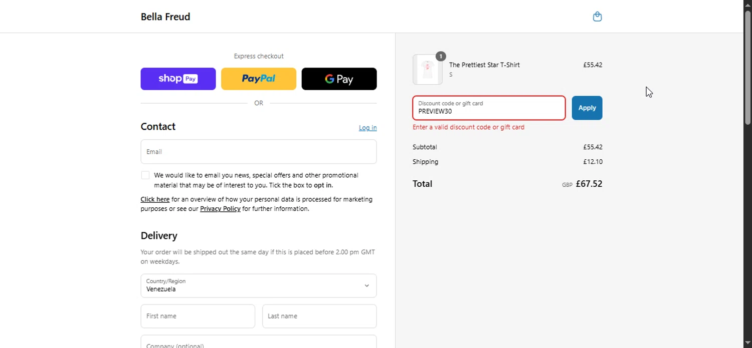Bella Freud discount code screenshot showing code PREVIEW30 applied at Bella Freud checkout page. Uploaded by SimplyCodes community member Bendito on Jun 29, 2025