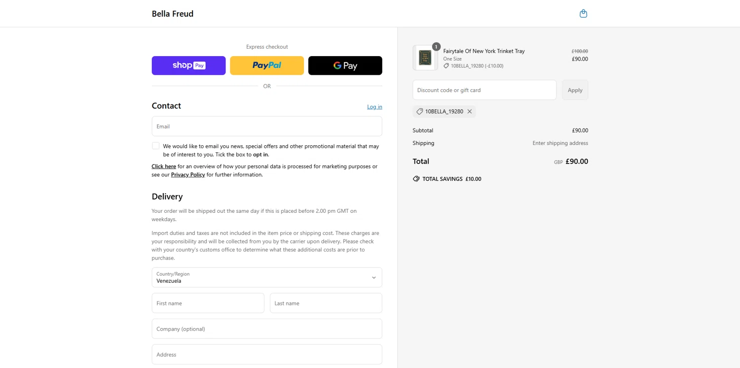 Bella Freud discount code screenshot showing code 10BELLA_19280 applied at Bella Freud checkout page. Uploaded by SimplyCodes community member Dorothy on May 18, 2025