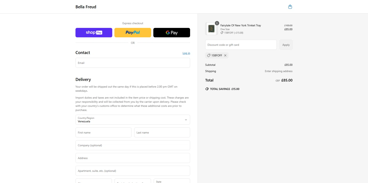 Bella Freud discount code screenshot showing code 15BFOFF applied at Bella Freud checkout page. Uploaded by SimplyCodes community member Dorothy on May 16, 2025