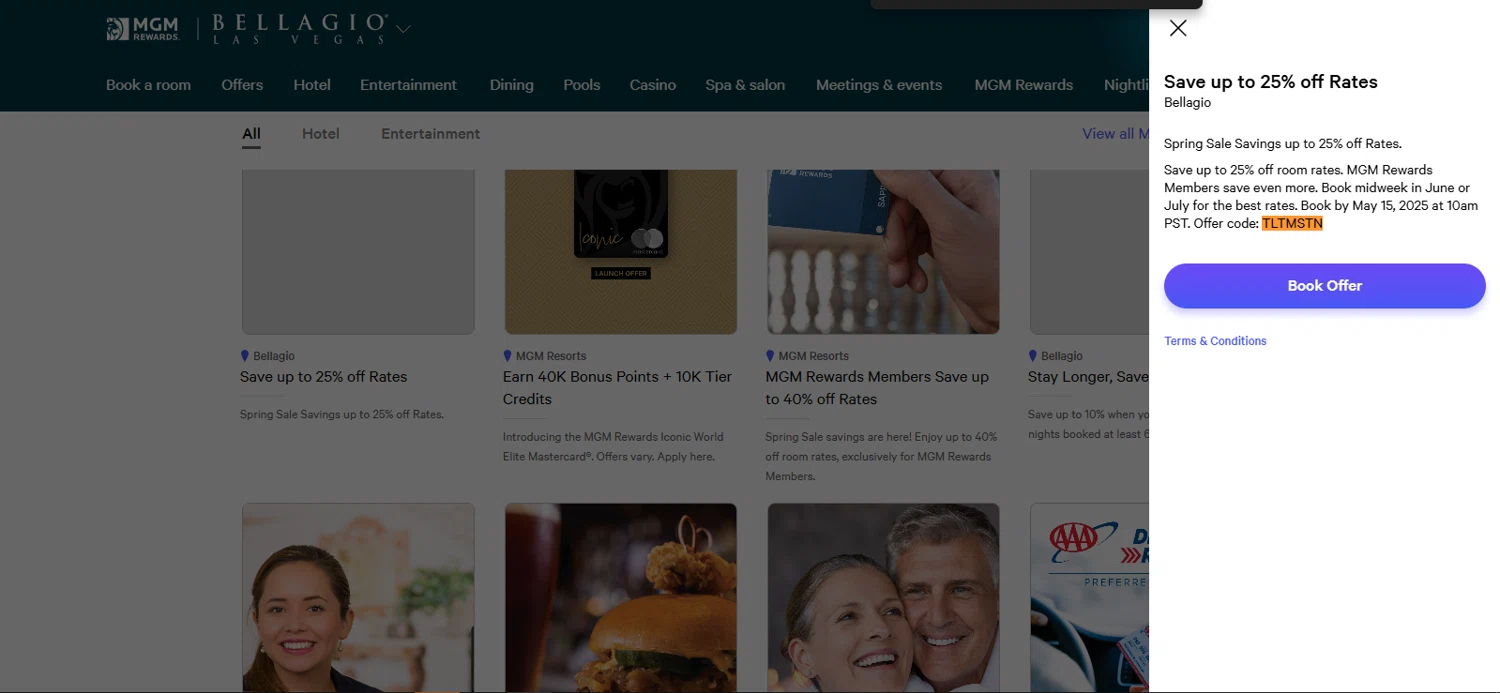 Bellagio coupon code screenshot showing code TLTMSTN applied at Bellagio checkout page. Uploaded by SimplyCodes community member rapiddeals on Apr 28, 2025