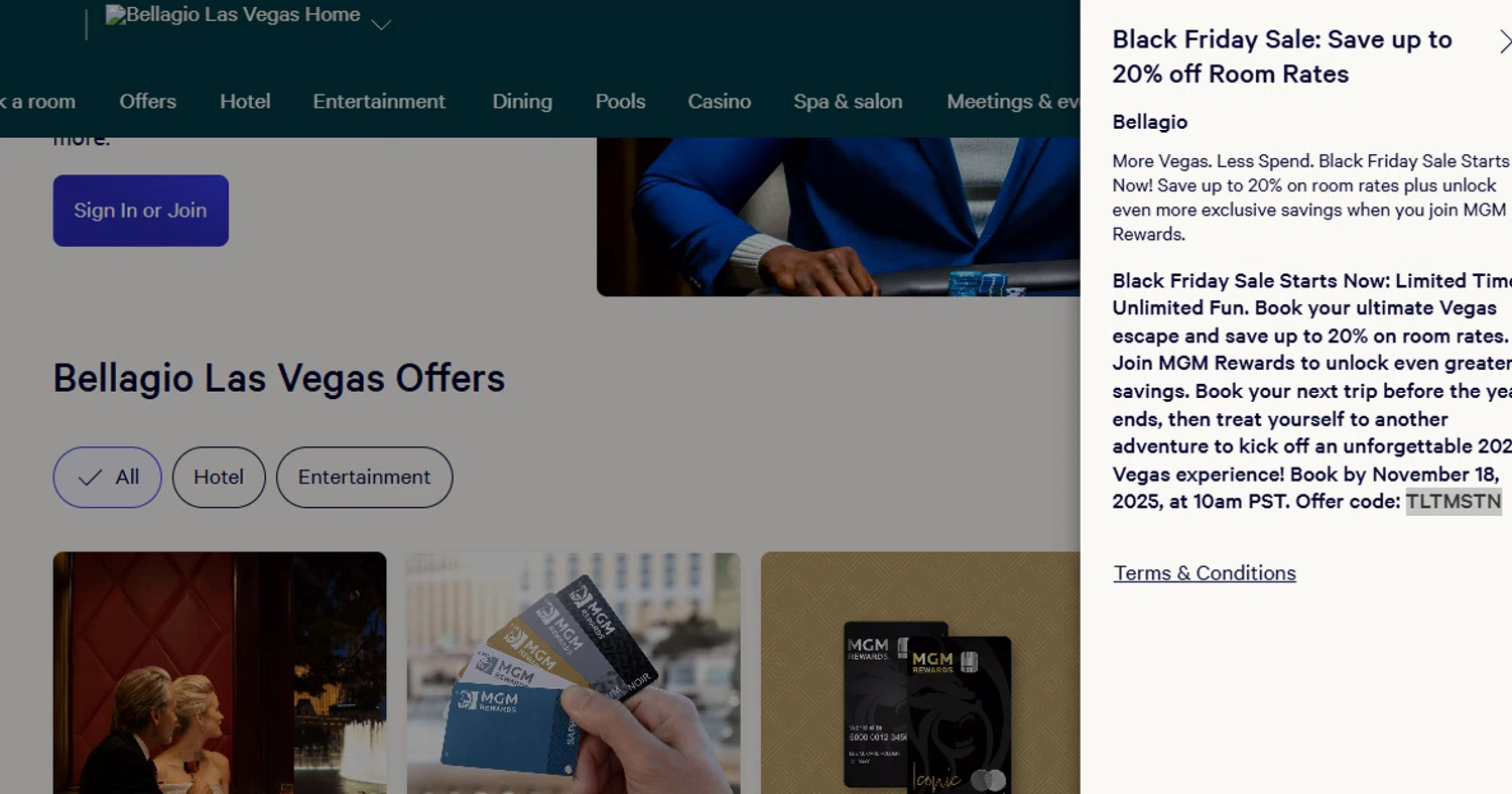 Bellagio coupon code screenshot showing code TLTMSTN applied at Bellagio checkout page. Uploaded by SimplyCodes community member Dejadepicharme on Nov 11, 2025