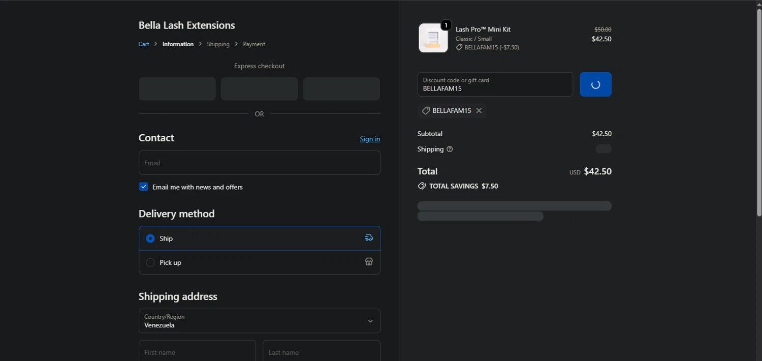 Bella Lash discount code screenshot showing code BELLAFAM15 applied at Bella Lash checkout page. Uploaded by SimplyCodes community member TreasureMaestro5413 on Sep 20, 2025