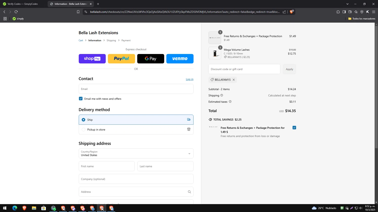 Bella Lash discount code screenshot showing code BELLAFAM15 applied at Bella Lash checkout page. Uploaded by SimplyCodes community member TreasureEagle7585 on Mar 11, 2025