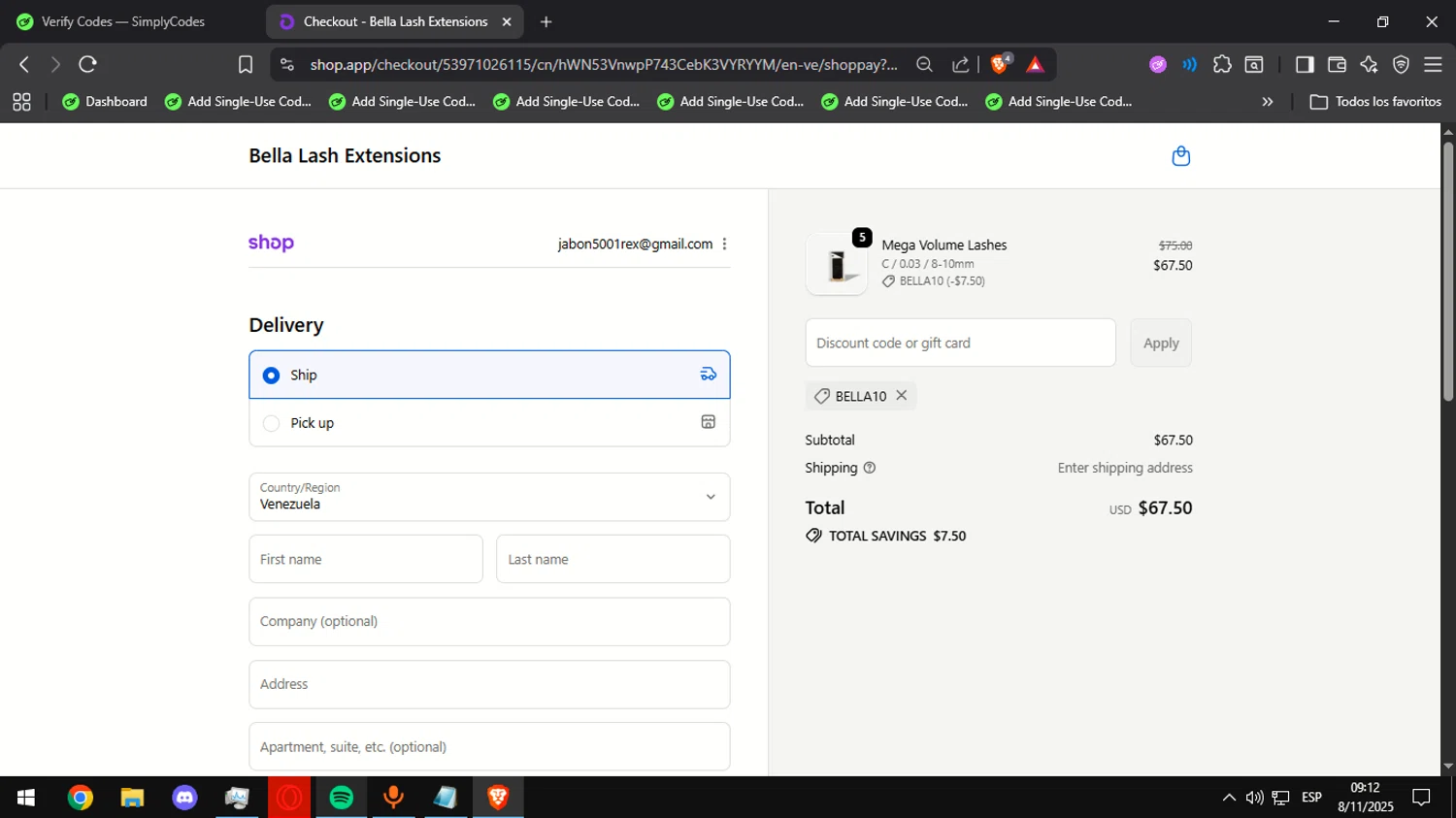 Bella Lash discount code screenshot showing code BELLA10 applied at Bella Lash checkout page. Uploaded by SimplyCodes community member Ultrapapu on Nov 8, 2025