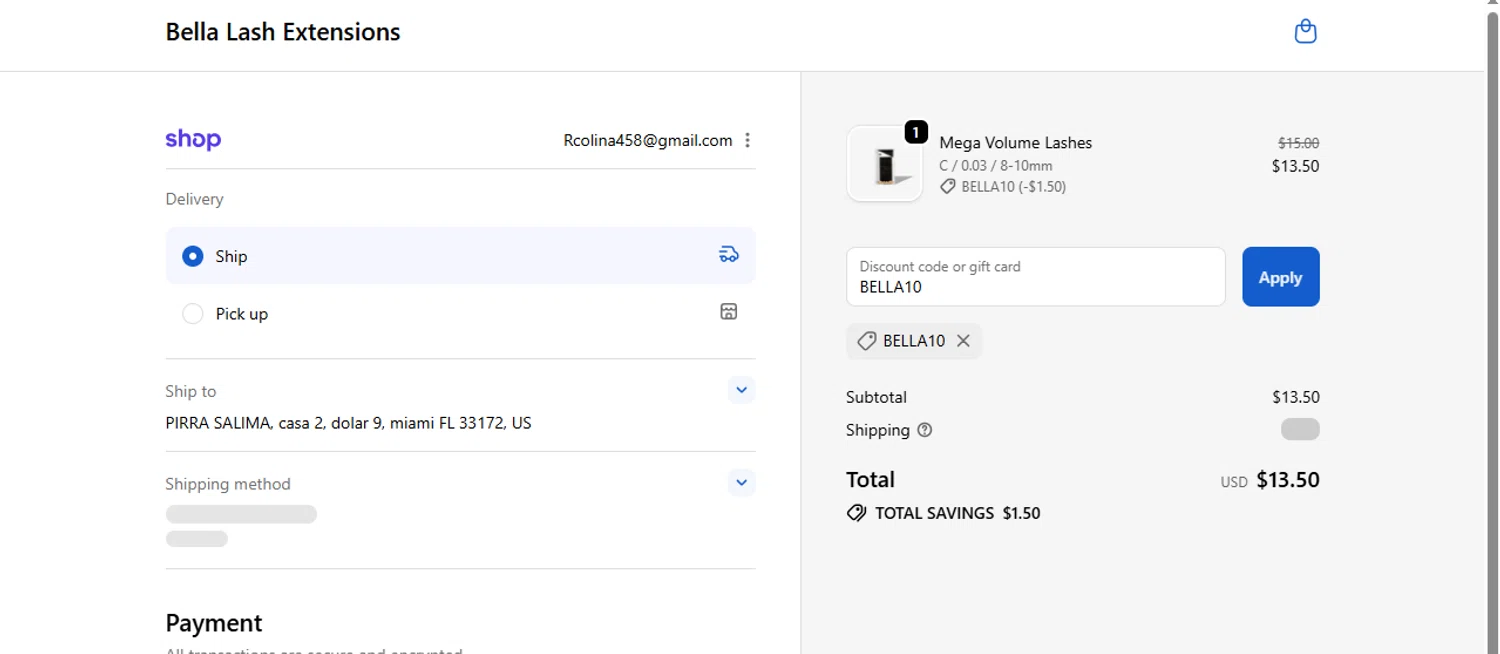 Bella Lash discount code screenshot showing code BELLA10 applied at Bella Lash checkout page. Uploaded by SimplyCodes community member Fish3r on Oct 22, 2025