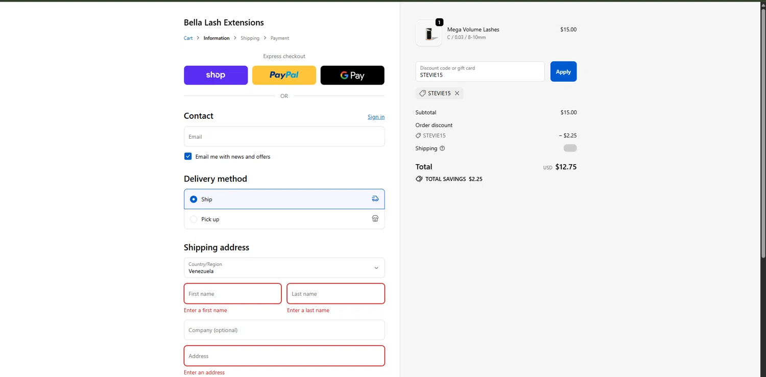 Bella Lash discount code screenshot showing code STEVIE15 applied at Bella Lash checkout page. Uploaded by SimplyCodes community member RewardPhoenix3732 on Sep 24, 2025