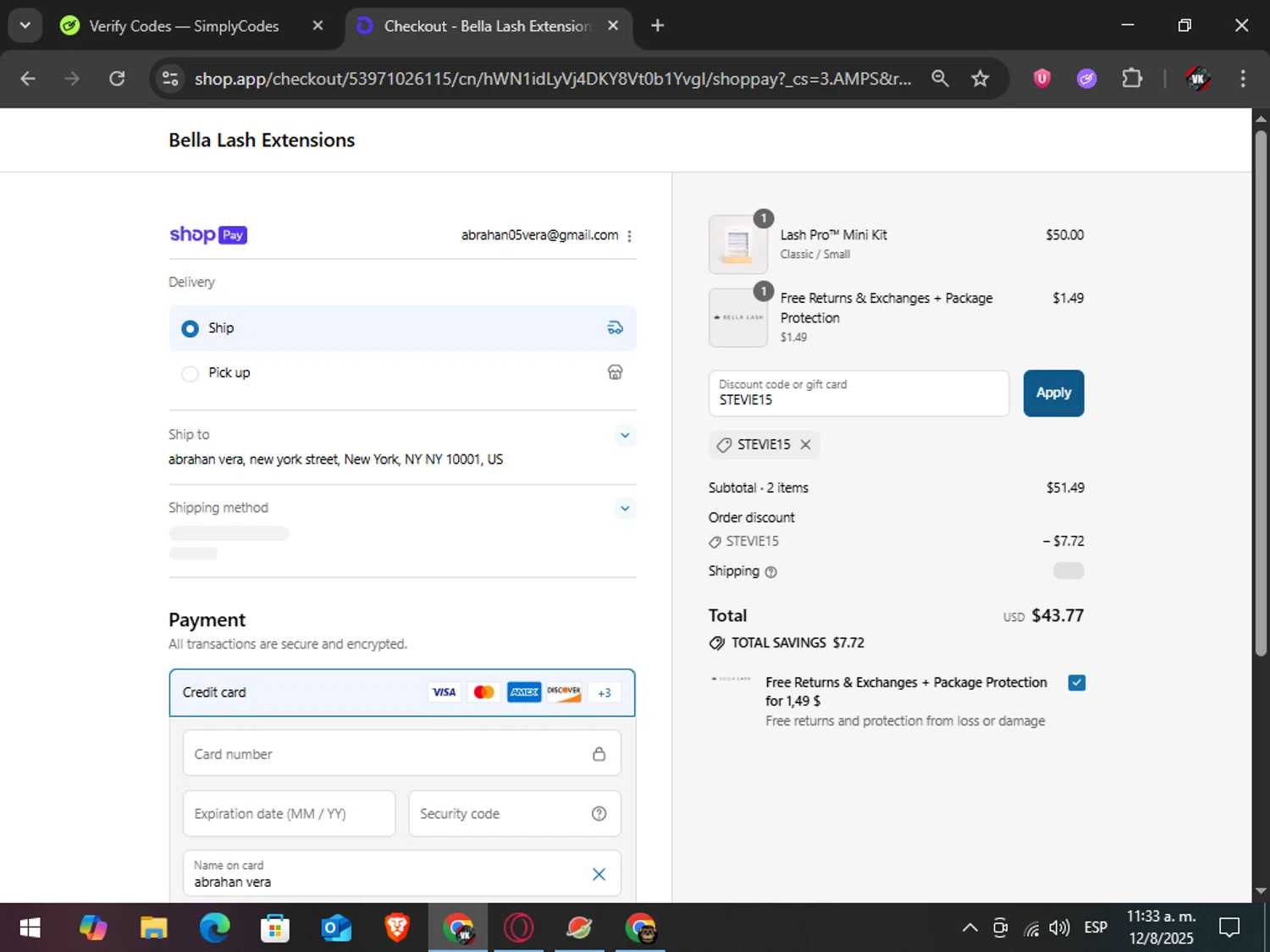 Bella Lash discount code screenshot showing code STEVIE15 applied at Bella Lash checkout page. Uploaded by SimplyCodes community member TreasureAdmiral6867 on Aug 12, 2025
