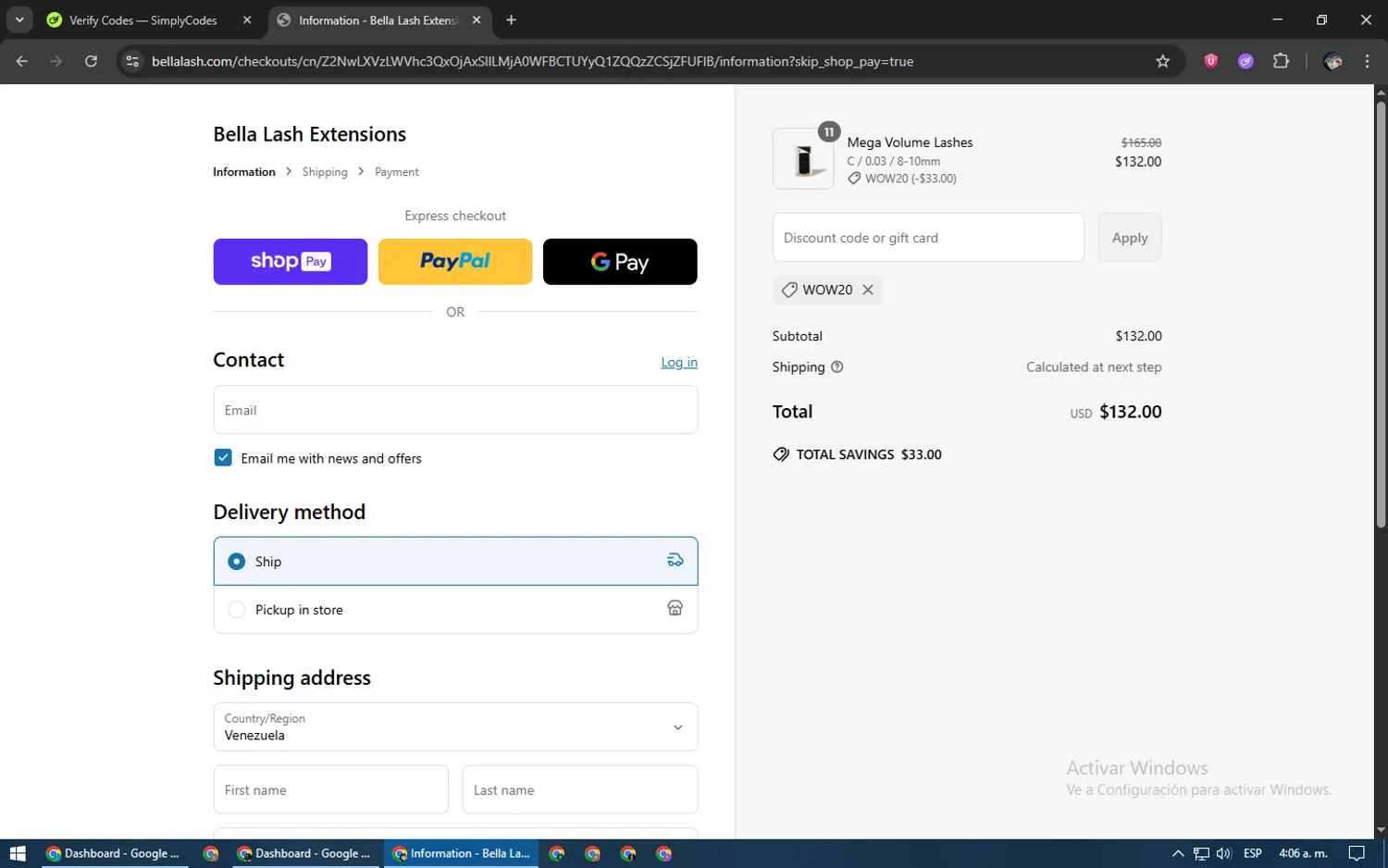 Bella Lash discount code screenshot showing code WOW20 applied at Bella Lash checkout page. Uploaded by SimplyCodes community member NobleGenius1697 on Jun 25, 2025