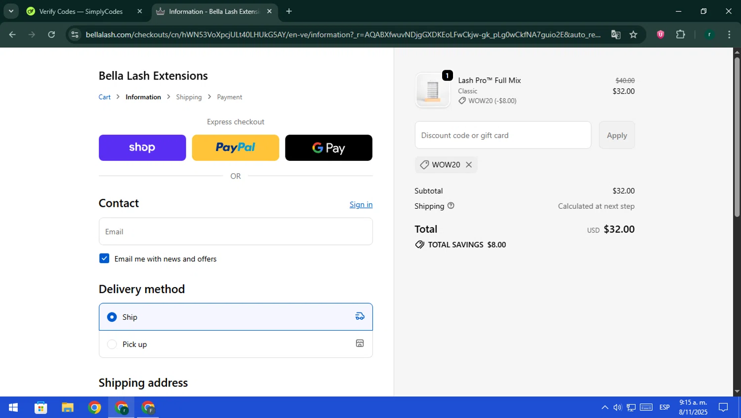 Bella Lash discount code screenshot showing code WOW20 applied at Bella Lash checkout page. Uploaded by SimplyCodes community member rodri1 on Nov 8, 2025