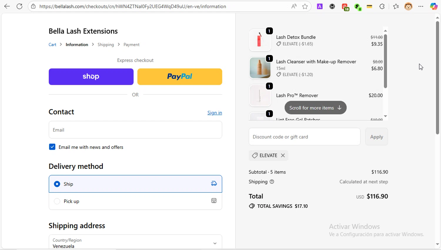 Bella Lash discount code screenshot showing code ELEVATE applied at Bella Lash checkout page. Uploaded by SimplyCodes community member PrincessCoupon on Oct 26, 2025