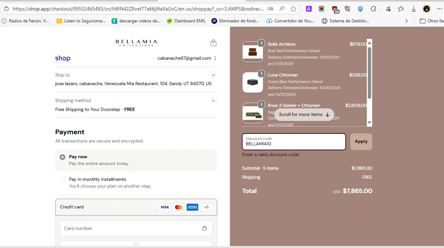 Bellamia Collections promo code screenshot showing code BELLAMIA10 applied at Bellamia Collections checkout page. Uploaded by SimplyCodes community member EJL_MIQUILENA on Oct 12, 2025