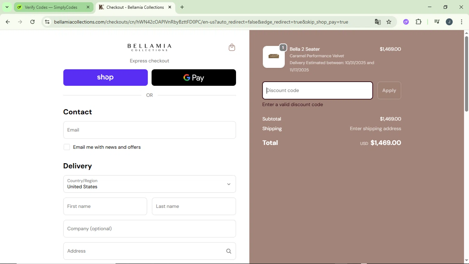 Bellamia Collections promo code screenshot showing code BELLAMIA10 applied at Bellamia Collections checkout page. Uploaded by SimplyCodes community member GloriousCollector9930 on Oct 12, 2025