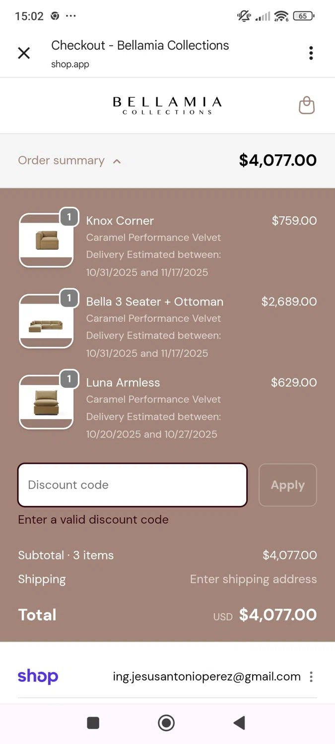 Bellamia Collections promo code screenshot showing code BELLAMIA10 applied at Bellamia Collections checkout page. Uploaded by SimplyCodes community member ShieldWhiz4659 on Oct 12, 2025