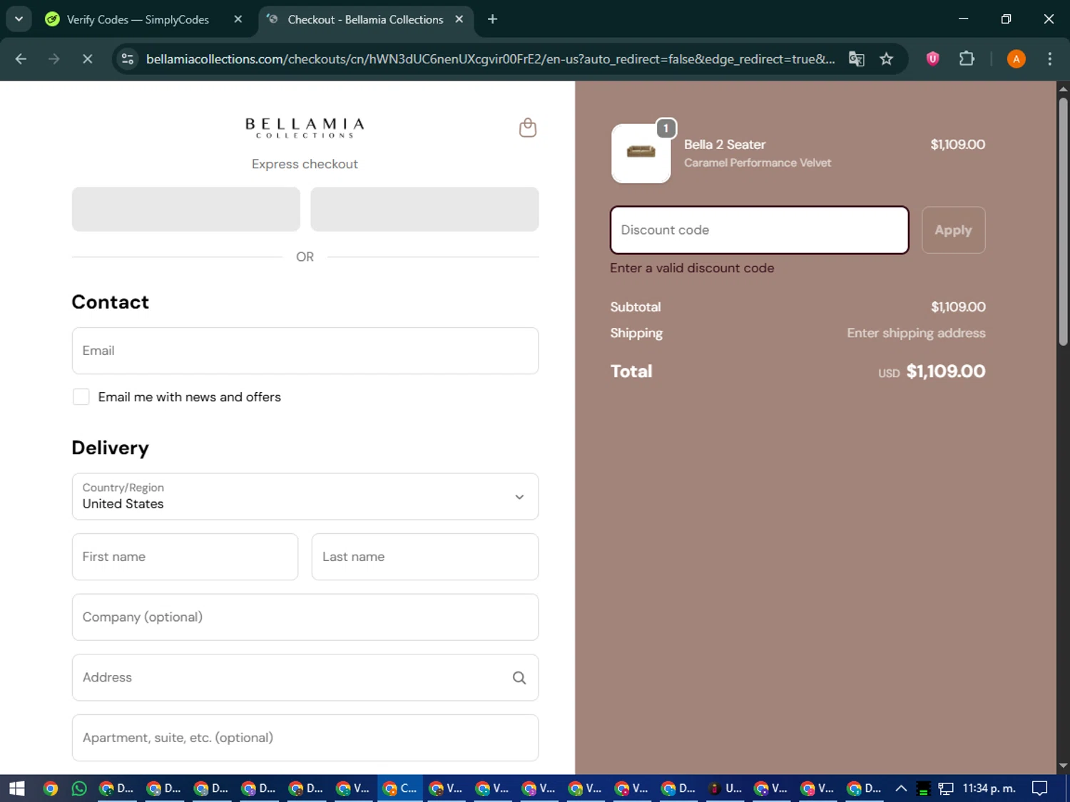Bellamia Collections promo code screenshot showing code BELLA20 applied at Bellamia Collections checkout page. Uploaded by SimplyCodes community member MoneyPhoenix4664 on Oct 2, 2025
