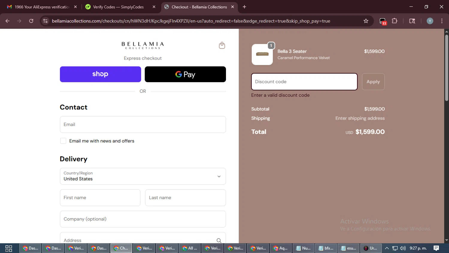 Bellamia Collections promo code screenshot showing code BELLA20 applied at Bellamia Collections checkout page. Uploaded by SimplyCodes community member MoneyTiger5162 on Oct 2, 2025