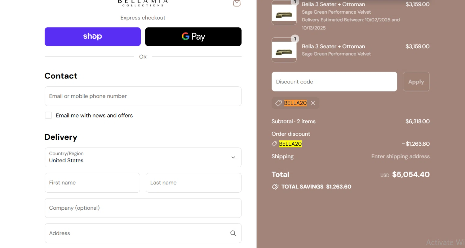 Bellamia Collections promo code screenshot showing code BELLA20 applied at Bellamia Collections checkout page. Uploaded by SimplyCodes community member Lioniel on Sep 12, 2025