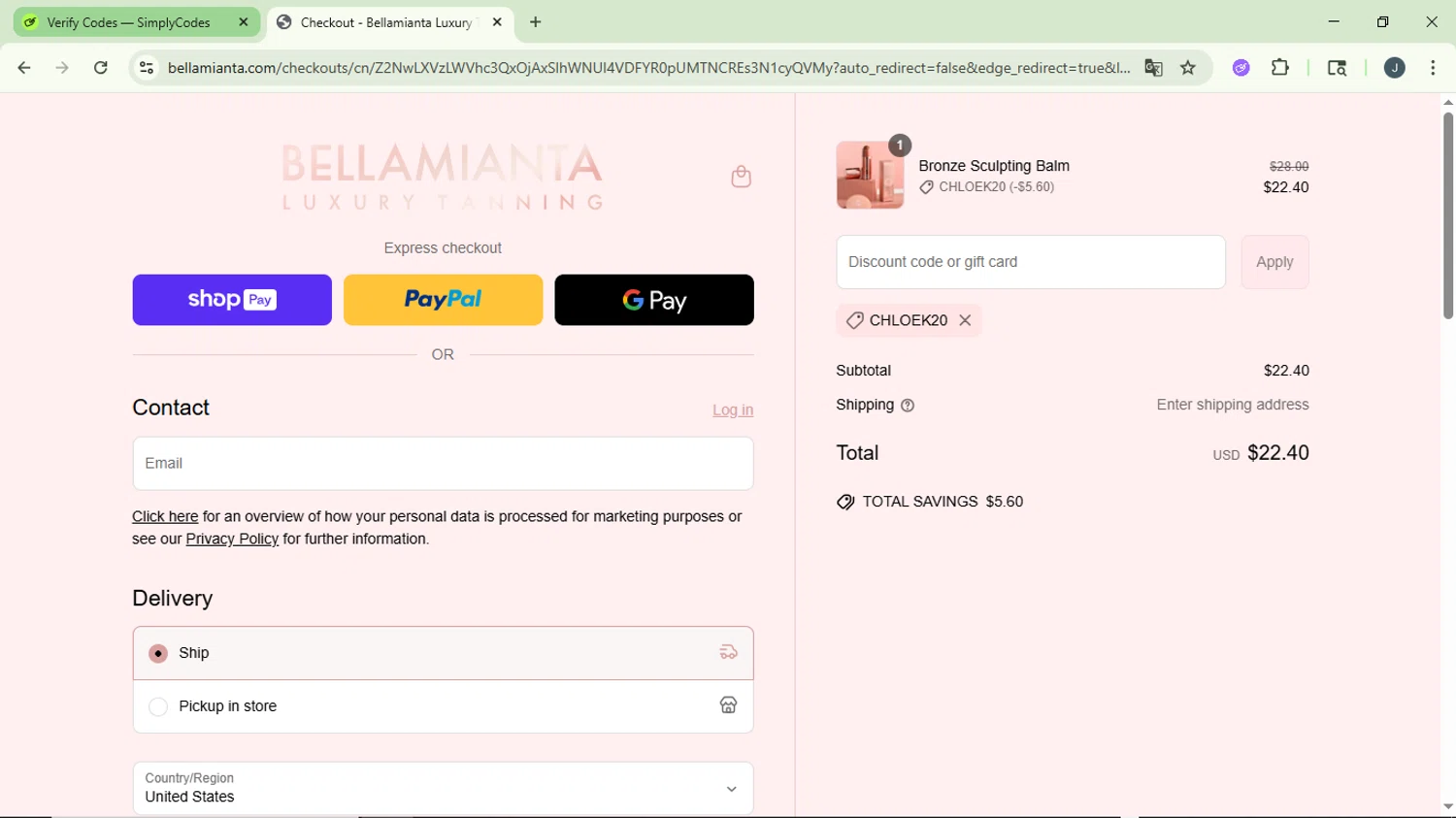 Bellamianta discount code screenshot showing code CHLOEK20 applied at Bellamianta checkout page. Uploaded by SimplyCodes community member GloriousCollector9930 on Jun 16, 2025