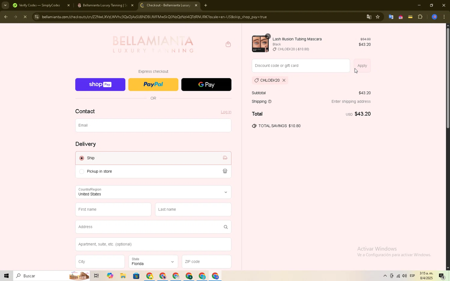 Bellamianta discount code screenshot showing code CHLOEK20 applied at Bellamianta checkout page. Uploaded by SimplyCodes community member Brown_w on Apr 8, 2025