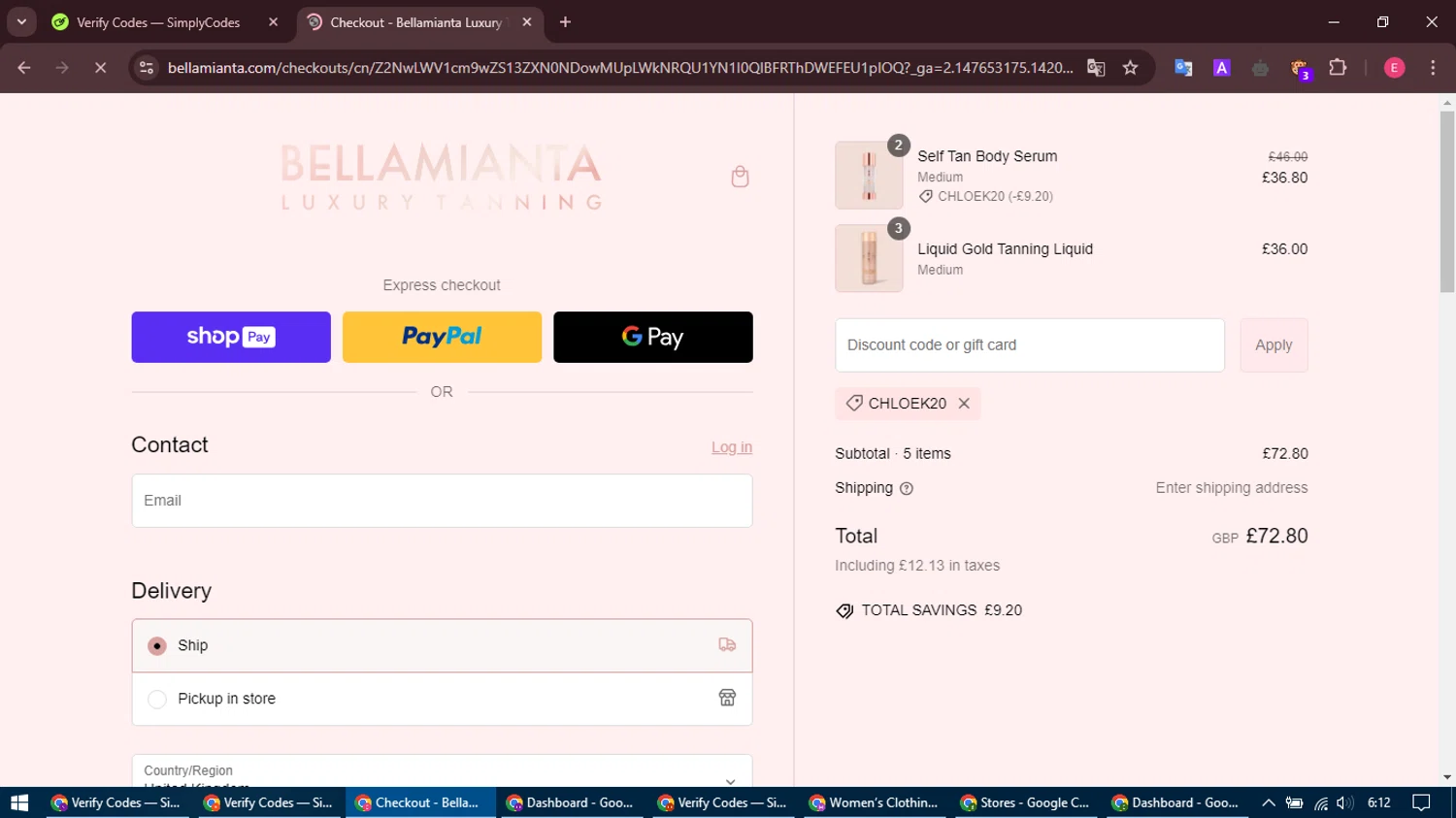 Bellamianta discount code screenshot showing code CHLOEK20 applied at Bellamianta checkout page. Uploaded by SimplyCodes community member MightyNavigator742 on Feb 13, 2025