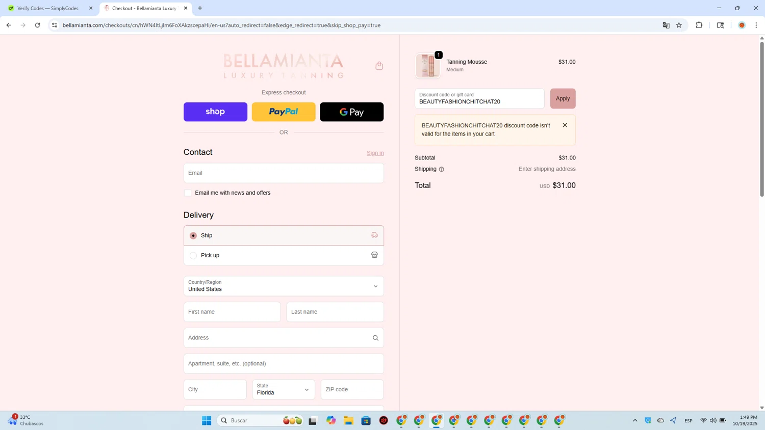 Bellamianta discount code screenshot showing code BEAUTYFASHIONCHITCHAT20 applied at Bellamianta checkout page. Uploaded by SimplyCodes community member MDLECHUZA on Oct 19, 2025