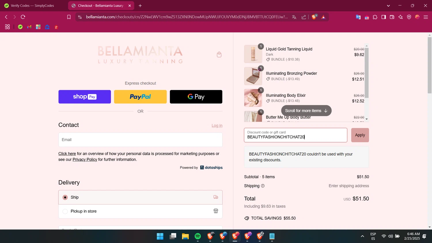 Bellamianta discount code screenshot showing code BEAUTYFASHIONCHITCHAT20 applied at Bellamianta checkout page. Uploaded by SimplyCodes community member itsmemario on Feb 25, 2025