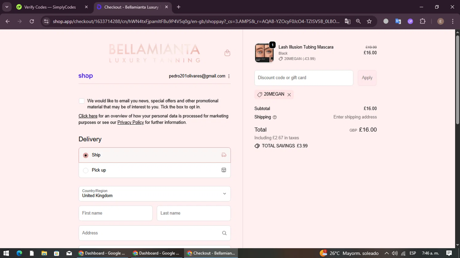 Bellamianta discount code screenshot showing code 20MEGAN applied at Bellamianta checkout page. Uploaded by SimplyCodes community member ExtraordinaryBoss3426 on Nov 4, 2025