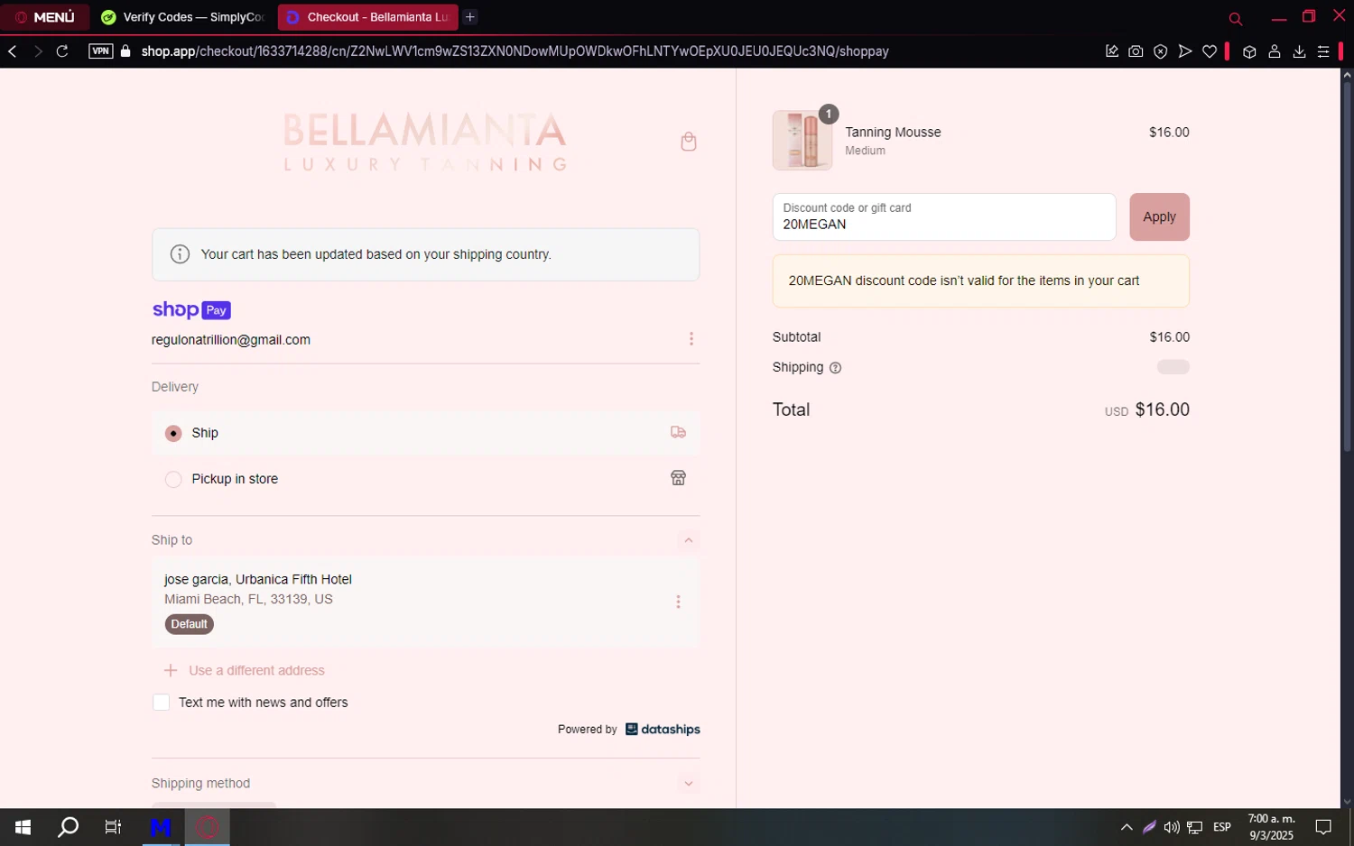 Bellamianta discount code screenshot showing code 20MEGAN applied at Bellamianta checkout page. Uploaded by SimplyCodes community member TreasureCaptain9598 on Mar 9, 2025