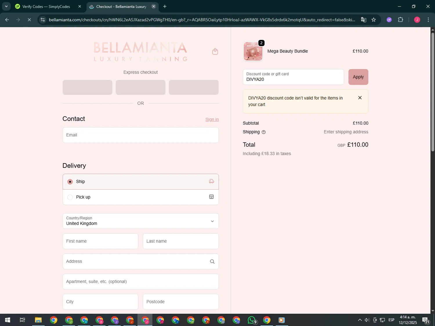 Bellamianta discount code screenshot showing code DIVYA20 applied at Bellamianta checkout page. Uploaded by SimplyCodes community member CleverShopper2101 on Dec 12, 2025