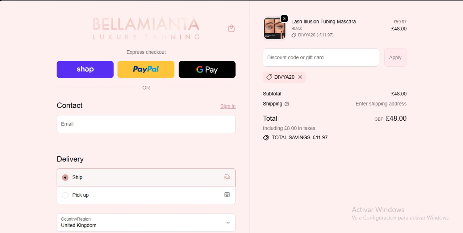 Bellamianta discount code screenshot showing code DIVYA20 applied at Bellamianta checkout page. Uploaded by SimplyCodes community member RewardLynx9164 on Nov 10, 2025