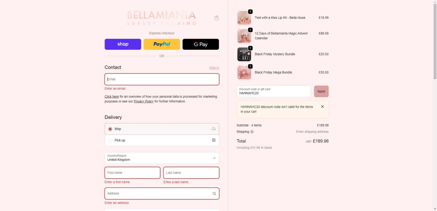 Bellamianta discount code screenshot showing code HANNAHC20 applied at Bellamianta checkout page. Uploaded by SimplyCodes community member RewardTitan728 on Nov 15, 2025