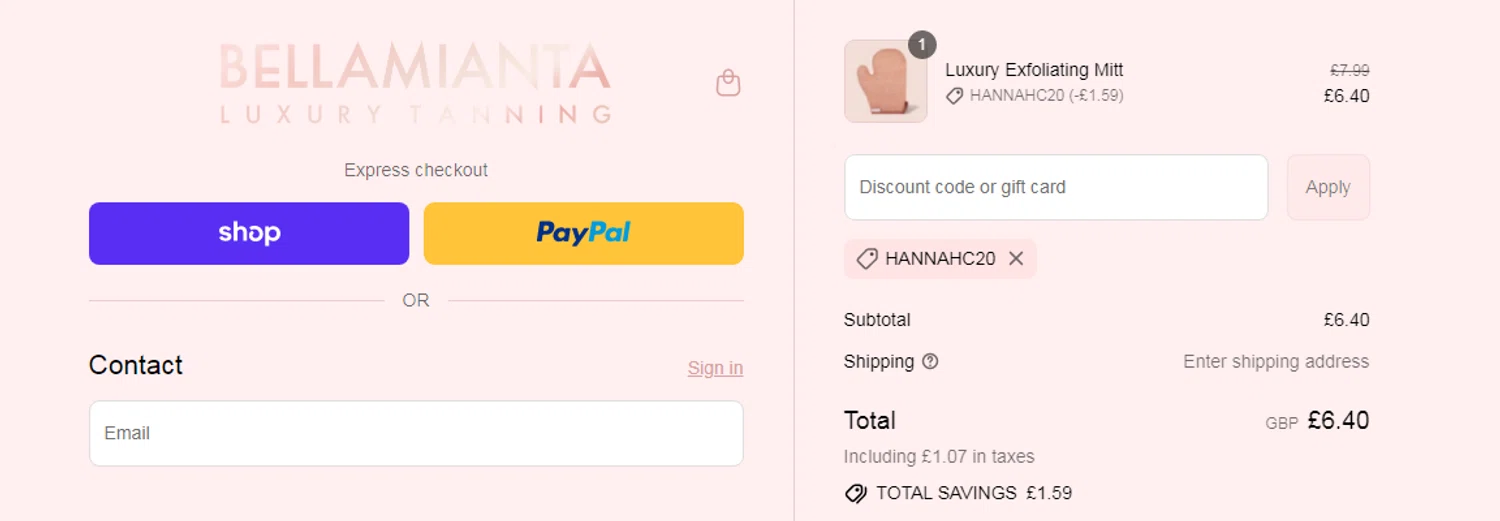 Bellamianta discount code screenshot showing code HANNAHC20 applied at Bellamianta checkout page. Uploaded by SimplyCodes community member RonaldAcunaJr on Sep 9, 2025