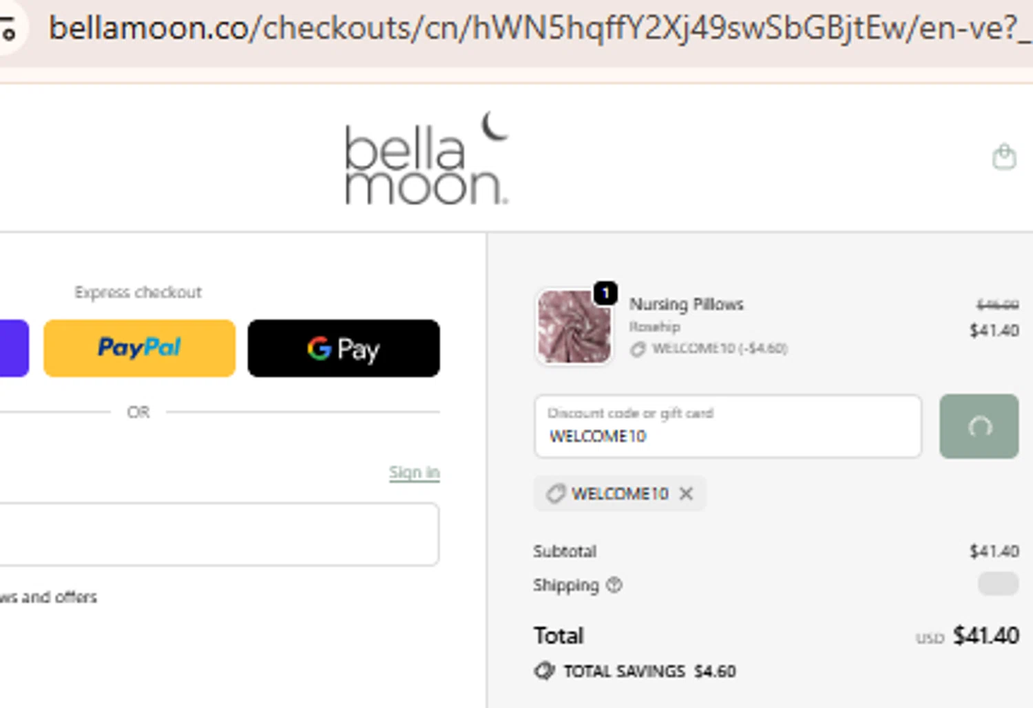 Bellamoon discount code screenshot showing code WELCOME10 applied at Bellamoon checkout page. Uploaded by SimplyCodes community member BudgetLion5814 on Nov 25, 2025