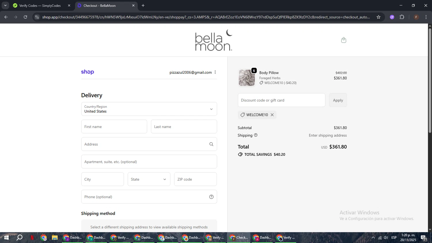 Bellamoon discount code screenshot showing code WELCOME10 applied at Bellamoon checkout page. Uploaded by SimplyCodes community member ExtraordinaryHunter3076 on Nov 20, 2025