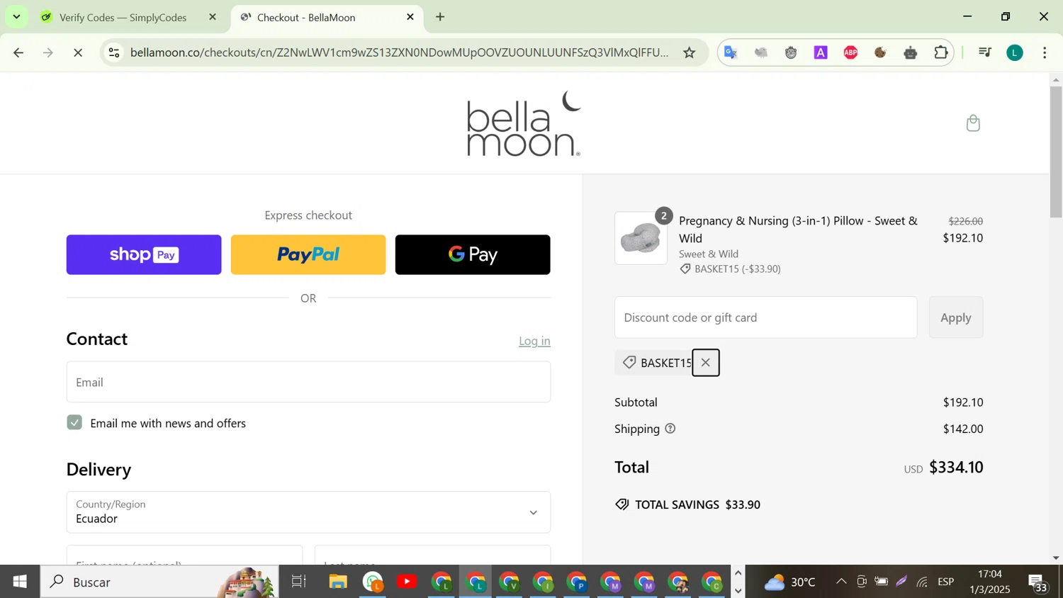 Bellamoon discount code screenshot showing code BASKET15 applied at Bellamoon checkout page. Uploaded by SimplyCodes community member VictoriousTiger2507 on Mar 1, 2025